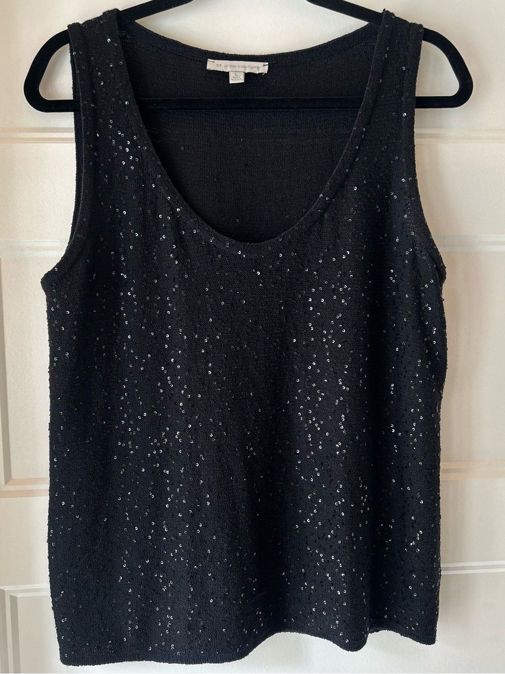 St. John Couture Black Sequin Knit Sleeveless Shell Tank Top L Made USA